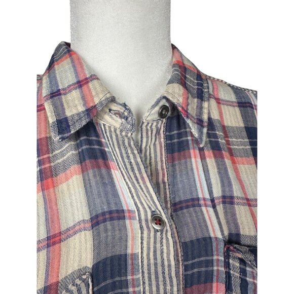 Free People Plaid Button Front Shirt Medium Blue Red Long Sleeve Western Top - Picture 9 of 9